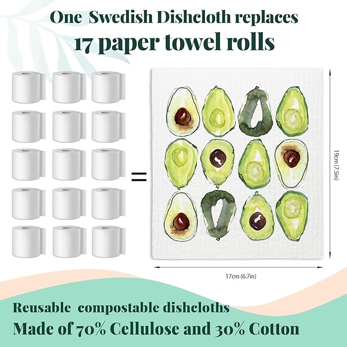 Avocado Swedish Dishcloths for Kitchen, Swedish Dish Cleaning Cloths for Friut, Papaya Reusable Paper Towels, 4 Pack Dish Towels for Kitchen, Reusable Sponge Cloths Washable