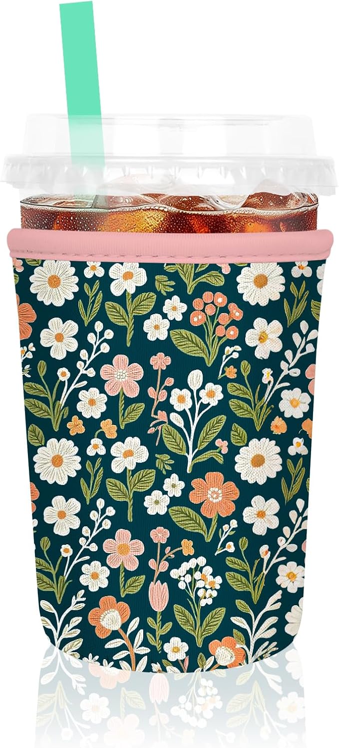 Iced Coffee Sleeve, Reusable Insulated Neoprene Cup Sleeve for Cold & Hot Drinks Beverages, Cup Holder for 16oz-18oz Coffee Cups,Classic Flower