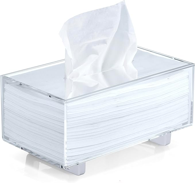 YoBa Thick Acrylic Tissue Box Holder Rectangular Tissue Box Dispenser with Silver Plated Aluminum Legs for Bathroom, Kitchen, Bedroom, Office, Hotels and Restaurant (Rectangle, Clear (Silver Legs))