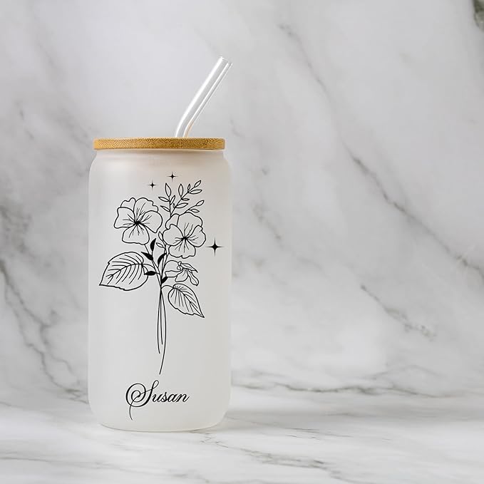 Personalized 16oz Glass Coffee Cup with Bamboo Lid & Reusable Straw – Custom Name Clear or Frosted Glass Tumbler, Spill-Proof Iced Coffee Cup, Gifts for Women & Men