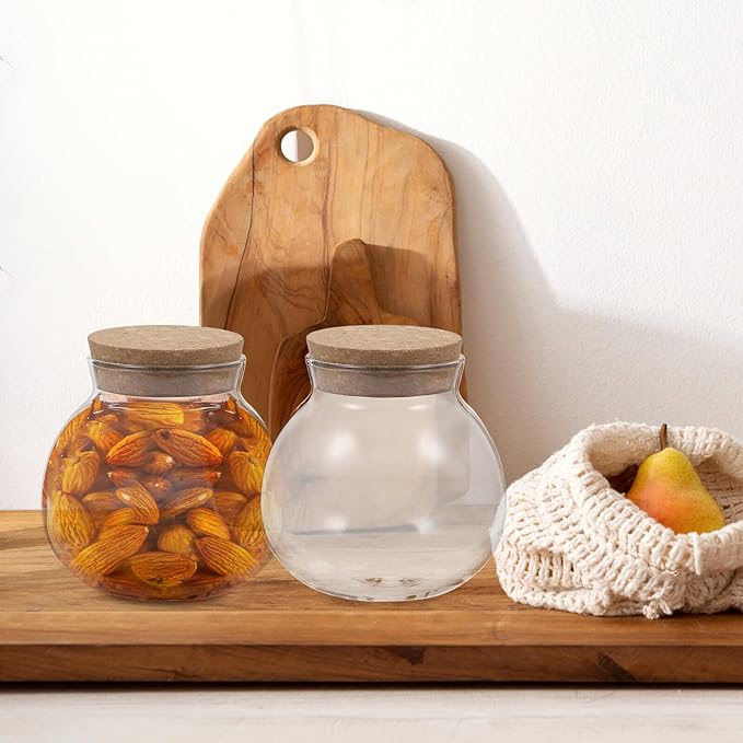 BESPORTBLE 2pcs Airtight Glass Jars with Wooden Cork Lids Spherical Canisters for Food Storage Preserving Freshness of Candy Tea Snacks and Pantry Ingredients
