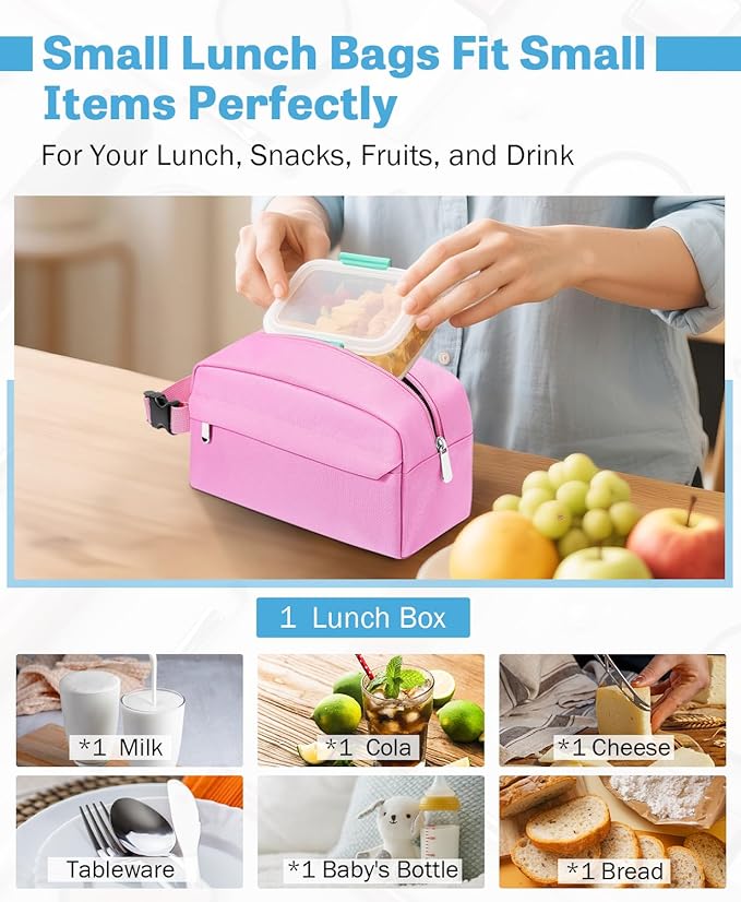 Small Insulated Snack Bag Lunch Box,Collapsible Reusable Small Lunch Bag with Snap Buckle Handle for Beach Travel Picnic,Pink 5-Can(3L)