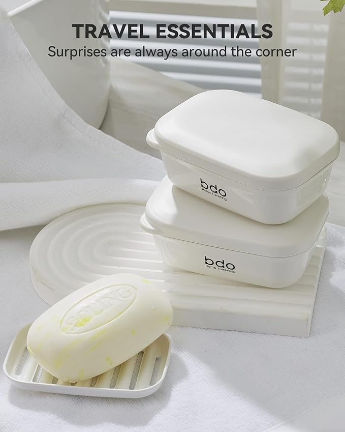 Travel Soap Case with Lid,Leakproof Soap Holder with Drainage Layer, Travel Essentials Soap Containers, Portable Soap Bar Dish for Camping, Gym, Bathroom,Kitchen,Dormitory,Hotel(White)