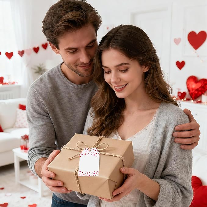 Anwyll Gift Tags with String - 100Pcs Pink Confetti Polka Dot Gift Bag Tags Personalized White Blank Hang Paper Label Tag for Birthday Party Bridal Shower Wedding Valentines Mothers Day Favors Present