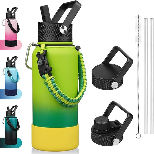 BJPKPK 32oz Insulated Water Bottles with 3 Lids, Paracord Handle & Non-slip Boot, Stainless Steel Metal Water Bottle,Reusable BPA Free Thermal Flasks, Tumblers, Bamboo Grove