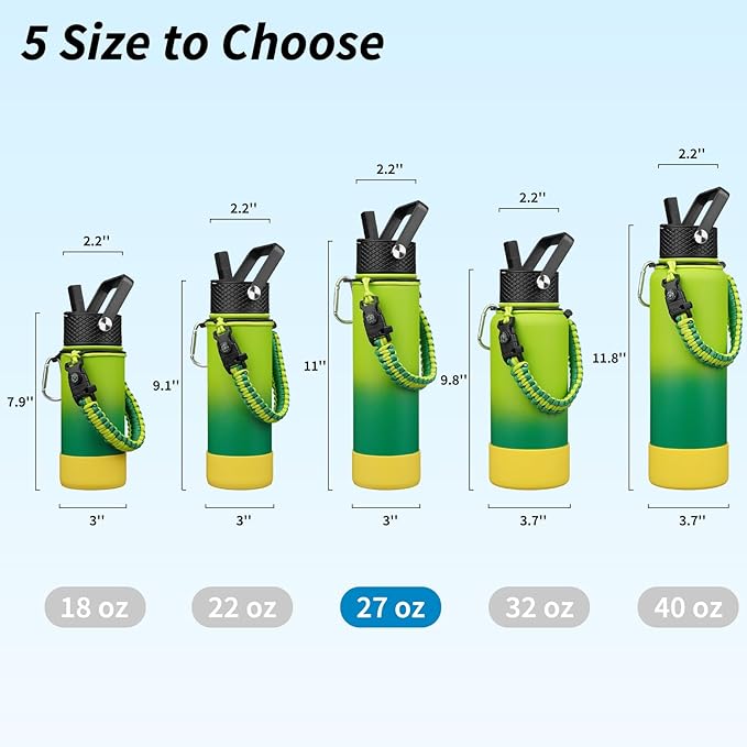 BJPKPK 27oz Insulated Water Bottles with 3 Lids, Paracord Handle & Non-slip Boot,Metal Water Bottle with Straw, BPA Free Leak Proof Thermal Flasks, Tumblers,Bamboo Grove