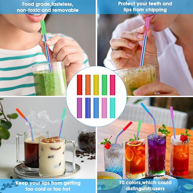 20 Pcs Rainbow Color Reusable Stainless Steel Straws,10.5" & 8.5" Reusable Drinking Straws with 20 Silicone Tips 5 Straw Brushes 1 Travel Case,Eco Friendly Extra Long Metal Straw for 20 30 oz Tumbler