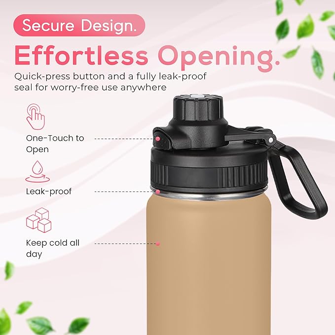 Y TOP 24oz Insulated Water Bottle Cup Holder Friendly, Leak Proof Spout Lid, Double Wall Insulation, Dishwasher Safe, Easy Clean Stainless Steel Water Bottle for Gym Kids Sports Travel School Hiking