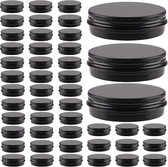 48 Pcs Aluminum Round Cans with Lid, 2 Oz Metal Tins Food Candle Containers with Screw Tops for Crafts, Food Storage, DIY (black)