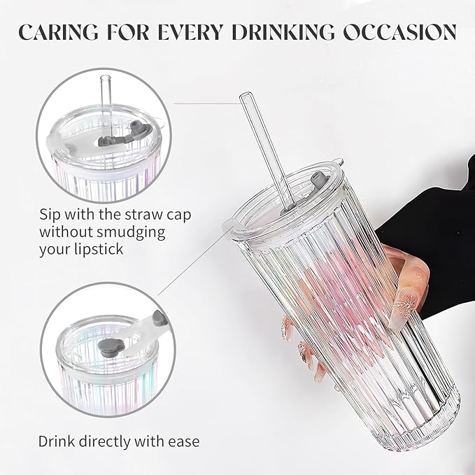 Puraville 18oz Glass Cup with Lid and Straw, Vintage Ribbed Striped Thickened Glassware for Whiskey Cocktail Beer, Mason Jar Drinking Glasses Tumbler Iced Coffee Cup, Rainbow