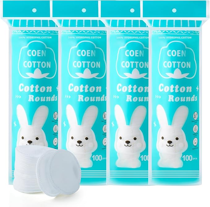 Premium Cotton Rounds, 100 Count (Pack of 4) Cotton Pads for Face, 100% Cotton Makeup Remover Pads, Soft & Non-Irritating for Most Skin Types