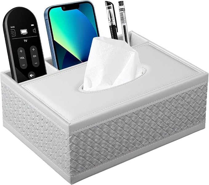 Multifunction PU Leather Tissue Box Holder with Stationery Remote Control Box, Decorative Tissue Pen Pencil Remote Organizer for Home and Office Use(White)