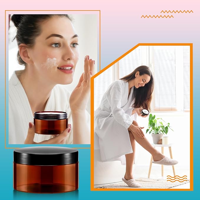 Dandat 24 Pcs 8 oz Plastic Jar Container with Lid and Label Refillable Empty Round Amber PET Cosmetic Sample Containers for Lotion, Cream, Ointments, Body Butter, Makeup, Travel Storage