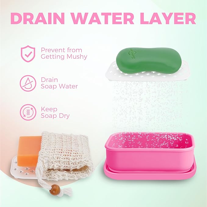 Silicone Soap Holder， Enhanced Leak-Proof Travel Soap Container with Draining Layer，Portable Bar Soap Holder, Soap Case with Soap Bag, Soap Dishes for Bathroom/Camping/Gym/ (Pink)