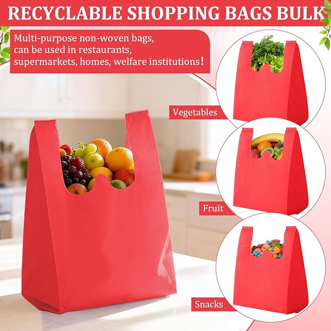 Windyun Reusable Grocery T Shirt Bags Bulk Small Non Woven Shopping Bag 10 x 18 x 5 Inch Foldable Tote with Handle Party Gift