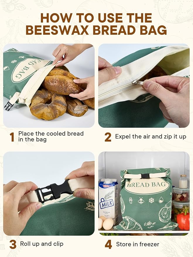2 Pack Beeswax Bread Bags with Zipper Reusable Bread Storage Bags for Homemade Bread Sourdough Large Cotton Baguette Bag with Liner Freezer Storage Bag to Keep Fresh Kitchen Baking Supplies