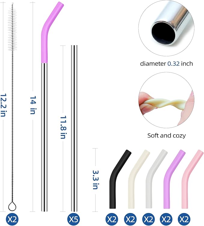 Set of 5 Stainless Steel Straws for 40 Oz Tumbler,For Stanley 40 Oz Tumbler, Reusable Metal Straw with 10 Silicone Tips and 2 Straw Cleaning Brush（5 colours 3, 40oz）