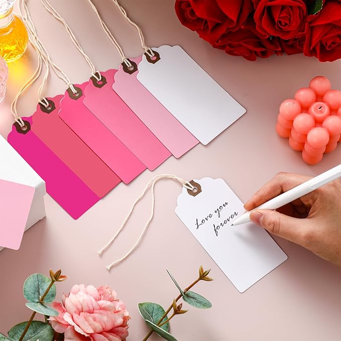 Outus 60 Pcs 4 3/4-in x 2 3/8-in Blank Large Paper Gift Tags with String and Reinforced Eyelet Wire Writable Price Tags Shipping Labels Inventory Labels(Gradient Pink)