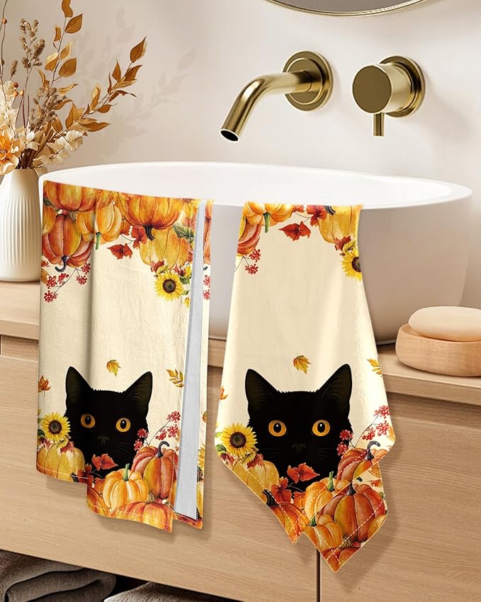 Flour Sack Kitchen Towels Set of 2-18x26 Inch Cotton Dish Towels with Hanging Loop Absorbent Reusable Cloths for Cleaning Cute Autumn Fall Home Decor Housewarming, Autumn Two Cats
