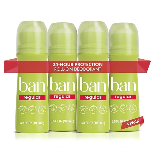 Ban Invisible Roll-on Antiperspirant Deodorant for Women and Men, 24-hour Underarm Odor & Sweat Protection, Regular Scent, 3.5 Oz, Pack of 4