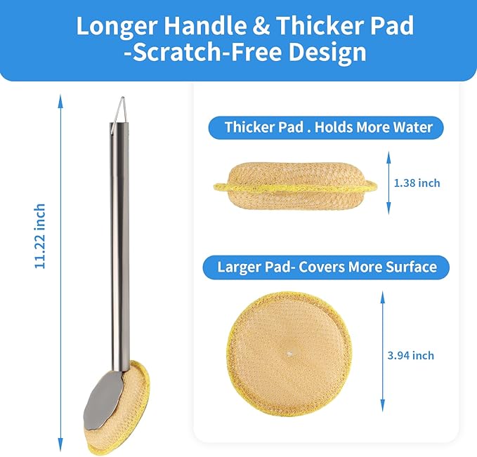 Kitchen Scrub Brush with Handle, Non-Scratch Cleaning Brush for Wok, Cast Iron, Pans, Oven Racks, Air Fryer, Mason Jars, Food Porcessors - Long Handle Model