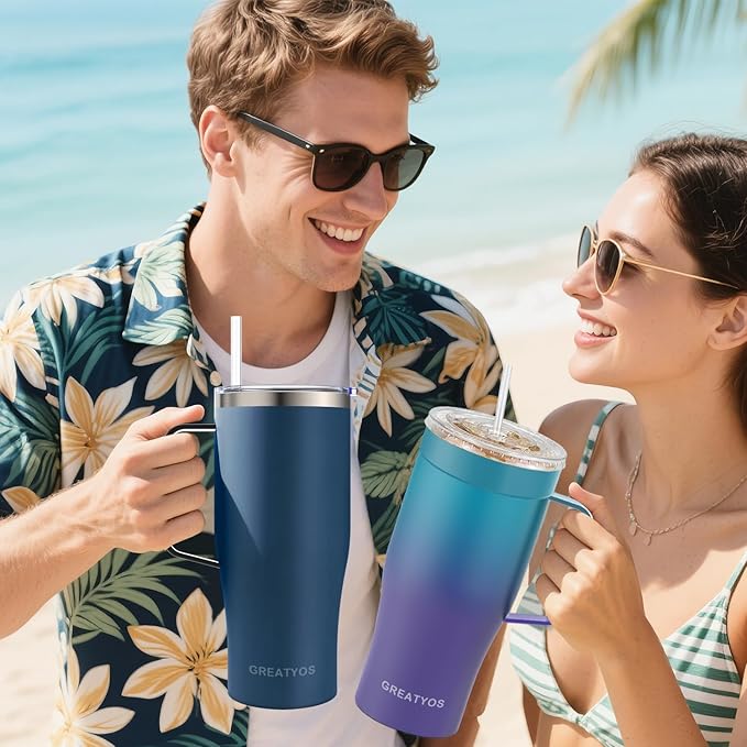 Universal Iced Coffee Sleeve with Handle - Insulated Double Wall Reusable Stainless Steel Holder Insulator for Cold Drinks Fits Small Medium Large To Go Cups Gifts for Men Women Him Her (Ocean Dream)