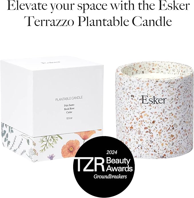 Esker Terrazzo Plantable Candle – Hand-Poured Soy Wax with Essential Oils, Eco-Friendly Reusable Planter, Includes Wildflower Seed Paper for Sustainable Gifting