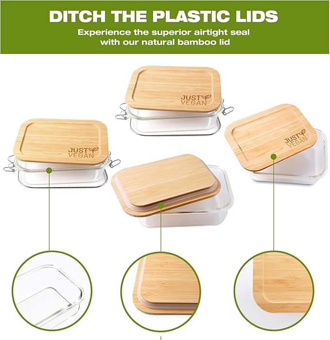 Airtight Glass Food Storage Containers with Bamboo Lids, Set of 4 Secure-Seal Containers for Meal Prep, 100% Leakproof, Plastic Free, Oven & Microwave Safe (4 Pack)