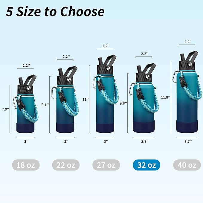 BJPKPK 32oz Insulated Water Bottles with 3 Lids, Paracord Handle & Non-slip Boot, Stainless Steel Metal Water Bottle,Reusable BPA Free Thermal Flasks, Tumblers, Vast
