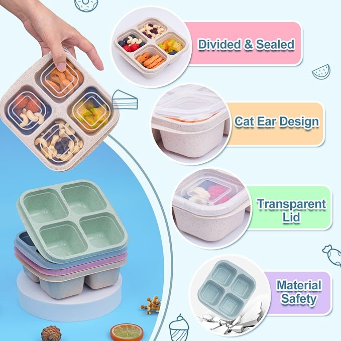 Snack Containers (4 Pack), 4 Compartments Snackle Box Container, Meal Prep Reusable Lunchable Container for Adults, Microwave Dishwasher Safe, Stackable Bento Snack Boxes for Work, Travel