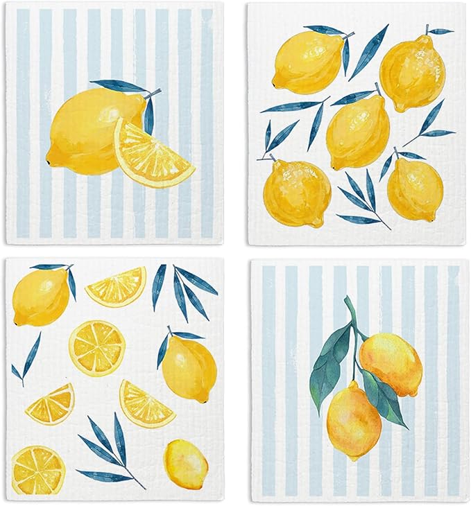 Lemon Swedish Dishcloths for Kitchen, Swedish Dish Cleaning Cloths for Friut, Papaya Reusable Paper Towels, 4 Pack Dish Towels for Kitchen, Reusable Sponge Cloths Washable