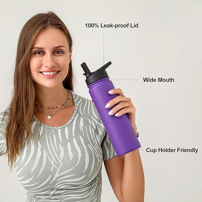 mininoo 24 oz Insulated Water Bottle with Straw Lid, Stainless Steel Double Wall Vacuum, Leak Proof, BPA Free, Keep Cold for 24H & Hot for 12H-2 pack(Purple)