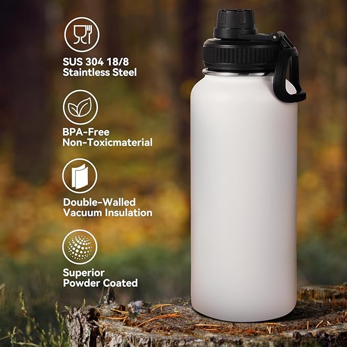 Neihepal 32 oz Insulated Water Bottles Bulk with 2 Lids (Straw & Spout Lid), Stainless Steel Double Wall Water Bottle, Keeps Cold 24H & Hot 12H (White,8 Pack)