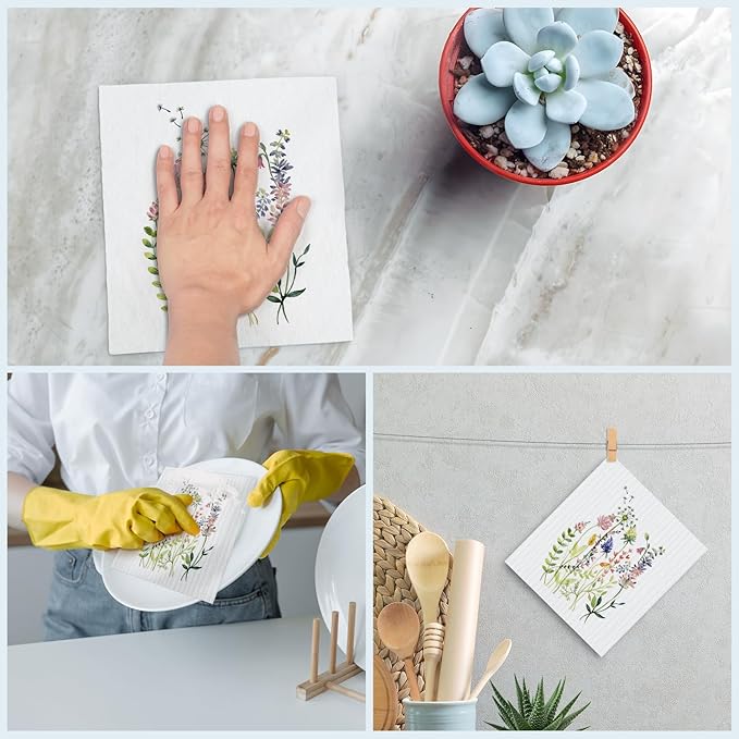 Swedish Dishcloths for Kitchen, Summer Wildflower Dish Rags Floral Kitchen Dish Towels for Washing Dishes, 4 Pack Reusable Paper Towels, Sponge Cloths for Home Cleaning Baking Cooking