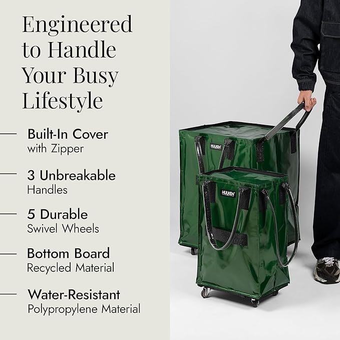 HULKEN - (Large, Forest Green) Reusable Grocery Bag On Wheels, Shopping Trolley, Rolling Tote, Zipper Closure, Lightweight, Carries Up to 66 lb, Folds Flat, Unbreakable Handles