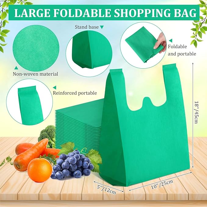 Windyun Reusable Grocery T Shirt Bags Bulk Small Non Woven Shopping Bag 10 x 18 x 5 Inch Foldable Tote with Handle Party Gift