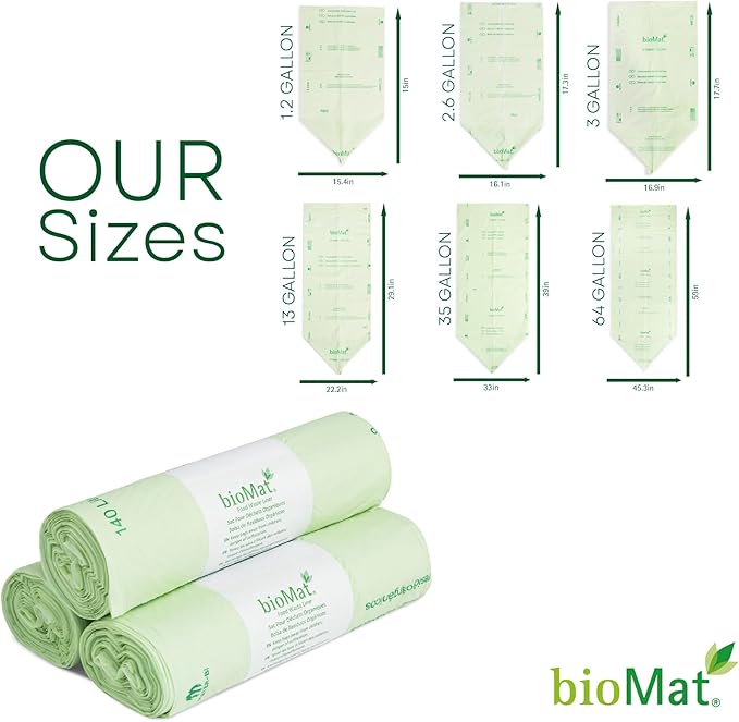 bioMat 64 Gallon Compostable Compost Liners, 10 Count, BPI ASTM D6400 Certified Large Compost Bags for Gargabe Bin