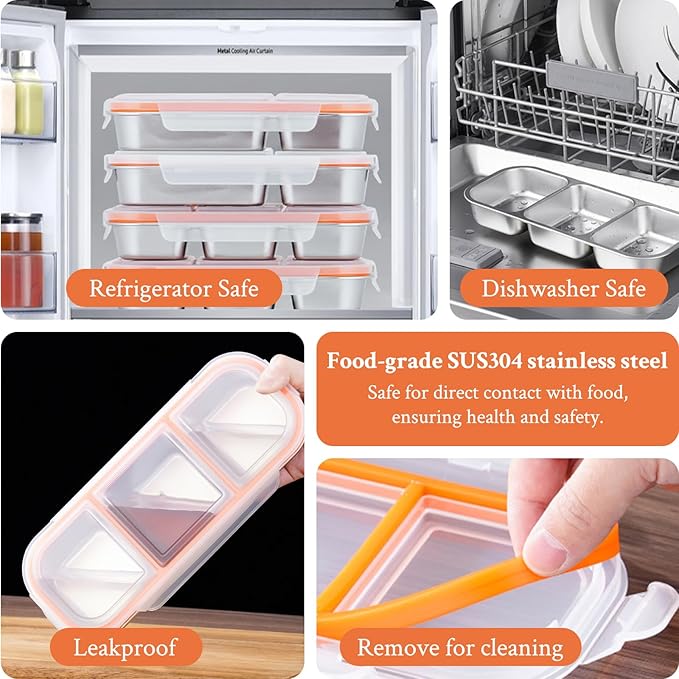 2 Pack Stainless Steel Snack Containers, 3+2 Compartment Snack boxes, Reusable Snack Containers with Lids for Adults - Leakproof Divided Metal Food Storage Bento Lunch Box for Work, Office, Travel
