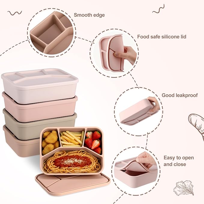 Honeydak 4 Pcs Silicone Bento Box Reusable Lunch Container 4 Compartment Snack Boxes with Lid Smooth LeakProof Rectangle Food Boxes for Adult Work Travel Food Storage (Gentle Color)