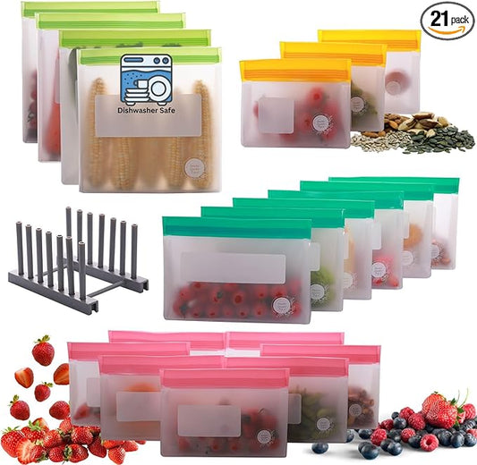 Reusable Food Storage Bags – 21-Pack Stand-Up, BPA-Free, Freezer, Dishwasher Safe & Eco-Friendly – 4 Gal, 6 L, 7 M, 3 S + Rack – Airtight Leakproof, Organization and Storage Bags (Multicolor)