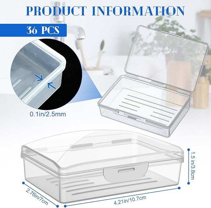 36 Pcs Travel Soap Container Portable Plastic Soap Boxes Bulk with Lid Homeless Donations Bulk Gym Shower Tour Groups Hotel Outdoor Camping (Clear)