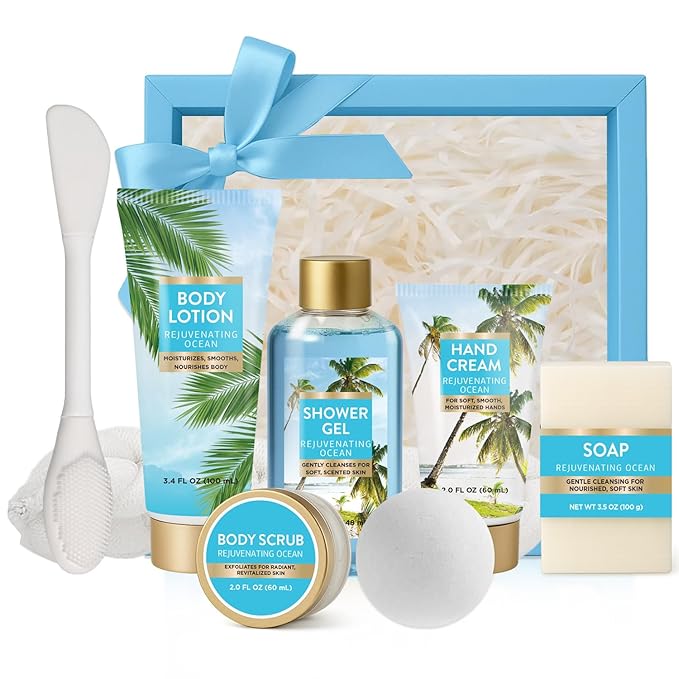 Ocean Breeze Christmas Spa Gifts for Women, 8 Piece Bath Set with Bubble Bath & Bath Bombs, Refreshing Gift Baskets for Her, Self Care Package with Body Scrub, Lotion, Hand Cream