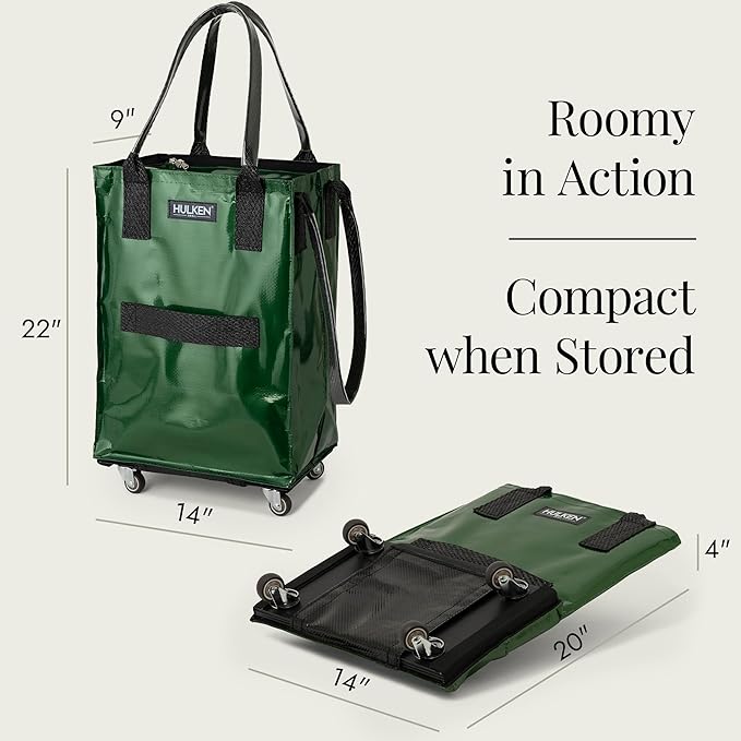 HULKEN (Small, Forest Green) Reusable Grocery Bag On Wheels, Shopping Trolley, Rolling Tote, Zipper Closure, Lightweight, Carries Up to 66 lb, Folds Flat
