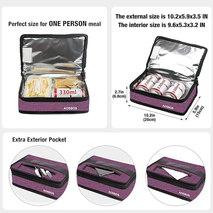 Aosbos Small Insulated Lunch Bag - Compact Lunch Box for Portion Control, Work & Office, Purple