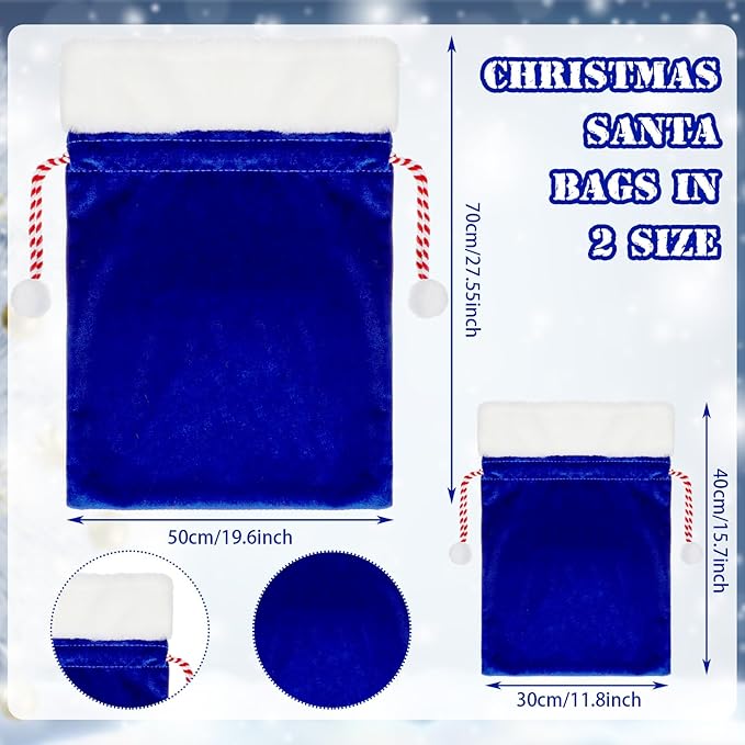 Shappy 2 Pieces Christmas Velvet Santa Bags with Drawstring in 2 Size Large Christmas Bags Santa Gift Sack for Xmas Playing Present Toy(Royal Blue)