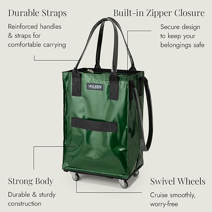 HULKEN (Small, Forest Green) Reusable Grocery Bag On Wheels, Shopping Trolley, Rolling Tote, Zipper Closure, Lightweight, Carries Up to 66 lb, Folds Flat