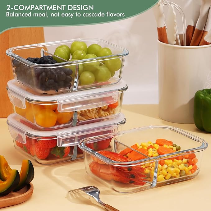 5-Pack Glass Storage Containers,Glass Food Container with Lid,Lunch Box,Bento Box,Storage Box,Meal Prep Containers,Lunch Containers,Fruit Preservation Boxes,Two-partition-White