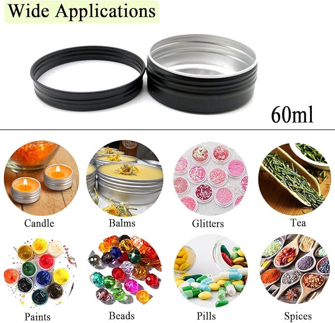 10pcs 60ml Round Lip Balm Tin Cans, 60 Gram Aluminum Tins Black Cosmetic Sample Containers with Screw Lid, 60g Metal Empty Storage Travel Jars for Salves, Lip Balms, Face Cream, Candle, Tea