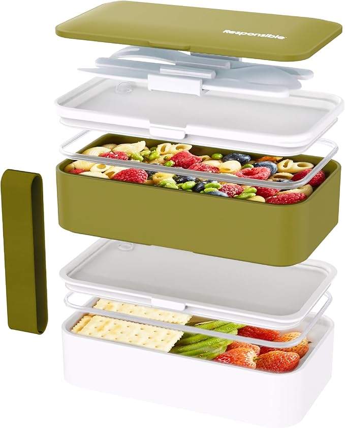 Responsible Products Leak Resistant Bento Box with Tableware for Adult - Teens, Insulated Lunch Box for Women - Men - Girls - Boys, BPA Free, Dishwasher Safe, Microwave Safe, Freezer Safe, 46 oz