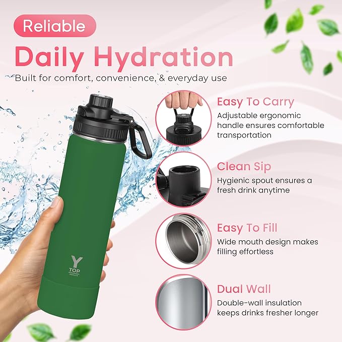 Y TOP 18 oz Insulated Water Bottle Cup Holder Friendly, Leak Proof Spout Lid, Double Wall Insulation, Dishwasher Safe, Easy Clean Stainless Steel Water Bottle for Gym Kids Sports Travel School Hiking